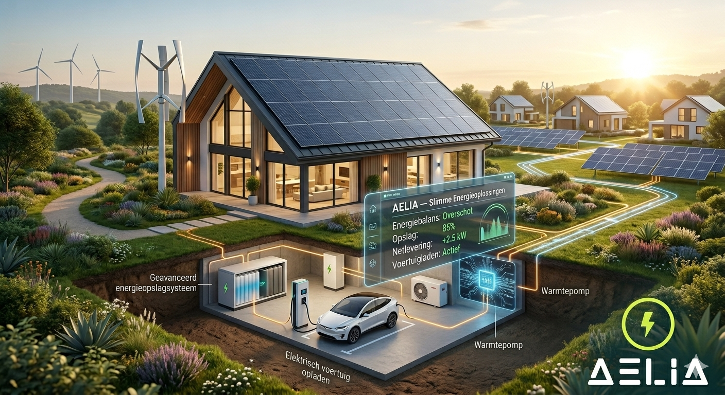 Overzicht van het Aelia slimme energiesysteem met zonnepanelen, batterijopslag, warmtepomp en elektrisch laden